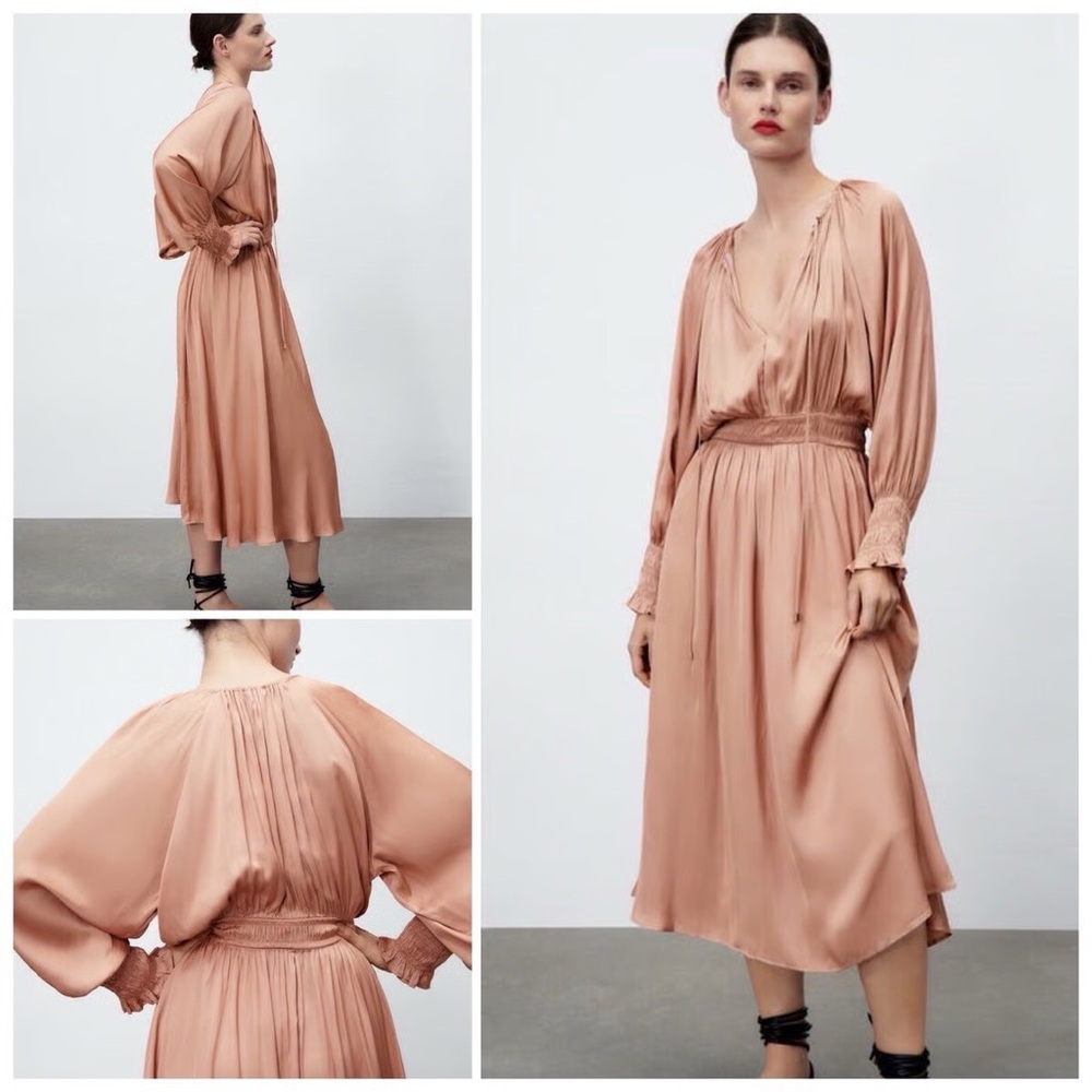 Zara Satin Effect Elegant Peach Midi Dress